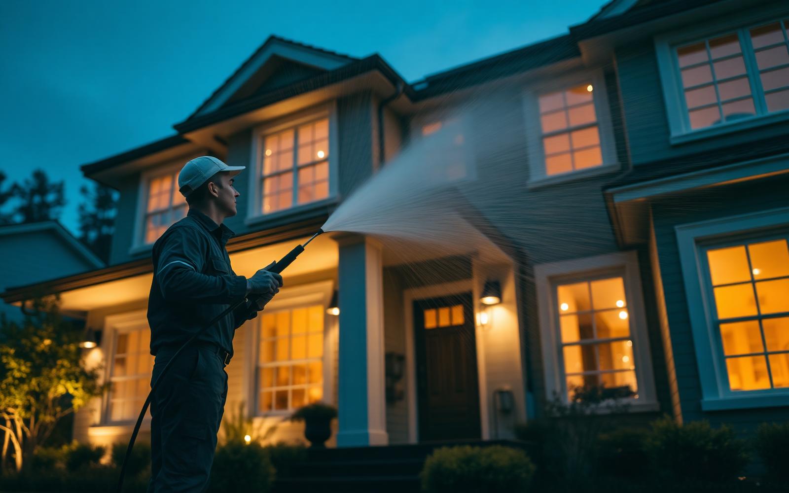 KBR technician pressure washing a home exterior at dusk
